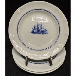 set of 3 Wedgwood American Clipper Blue & white boat round Bread Plates 6.25”